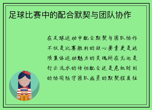 足球比赛中的配合默契与团队协作