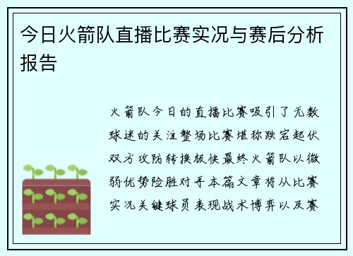 今日火箭队直播比赛实况与赛后分析报告