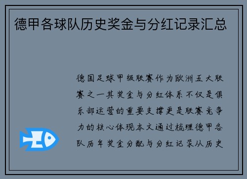 德甲各球队历史奖金与分红记录汇总