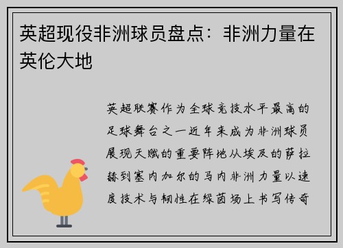 英超现役非洲球员盘点：非洲力量在英伦大地